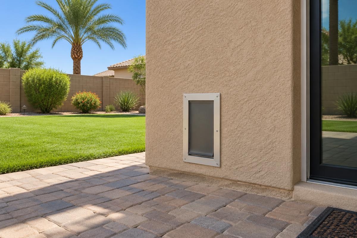 Premium pet door installed through a stucco wall